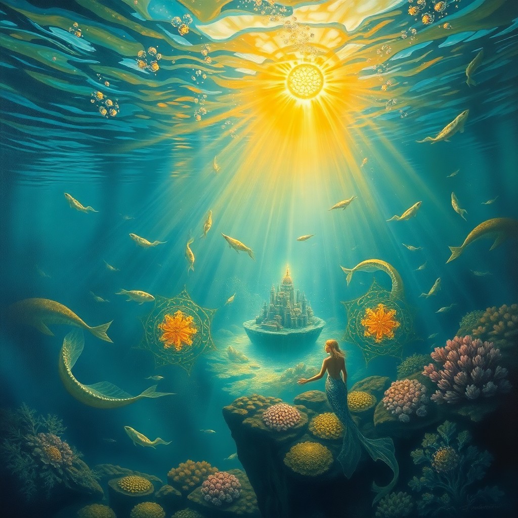 AI generated art for prompt: An exquisite oil painting masterpiece captures an enchanting underwater realm, where luminous sea cr