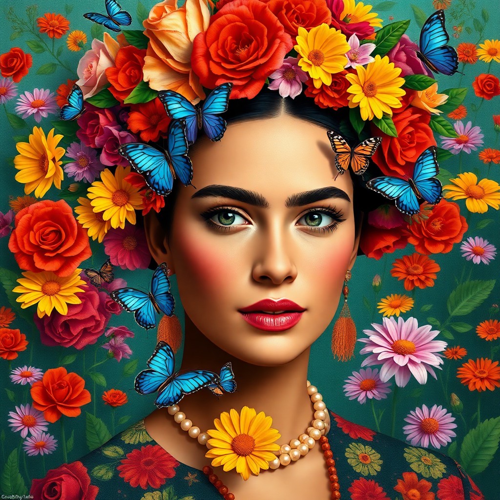 AI generated art for prompt: Create an image in the bold and expressive style reminiscent of Frida Kahlo's self-portraits, depict