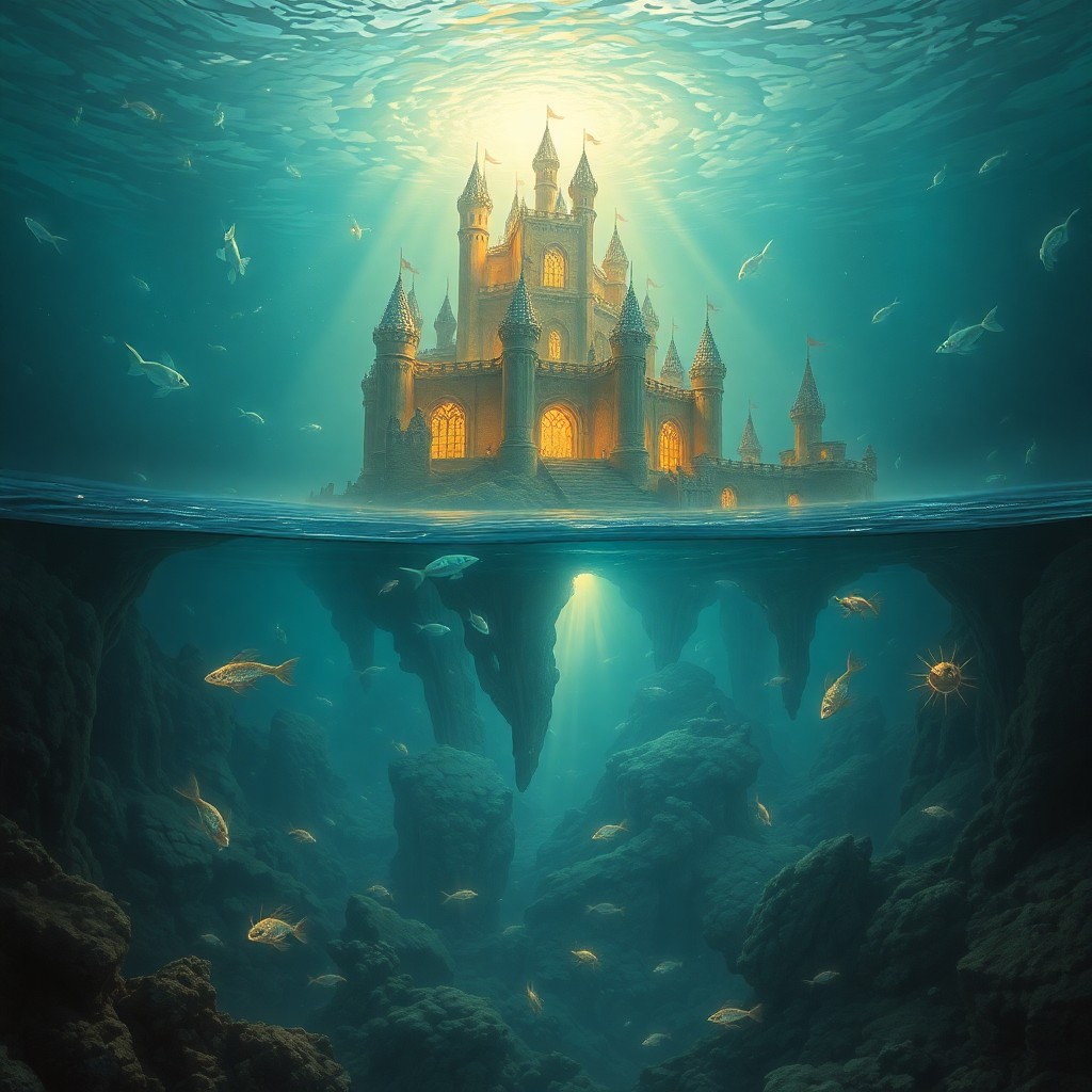 AI generated art for prompt: A vast underwater panorama showcasing an enchanting fortress rising from the depths like a submerged