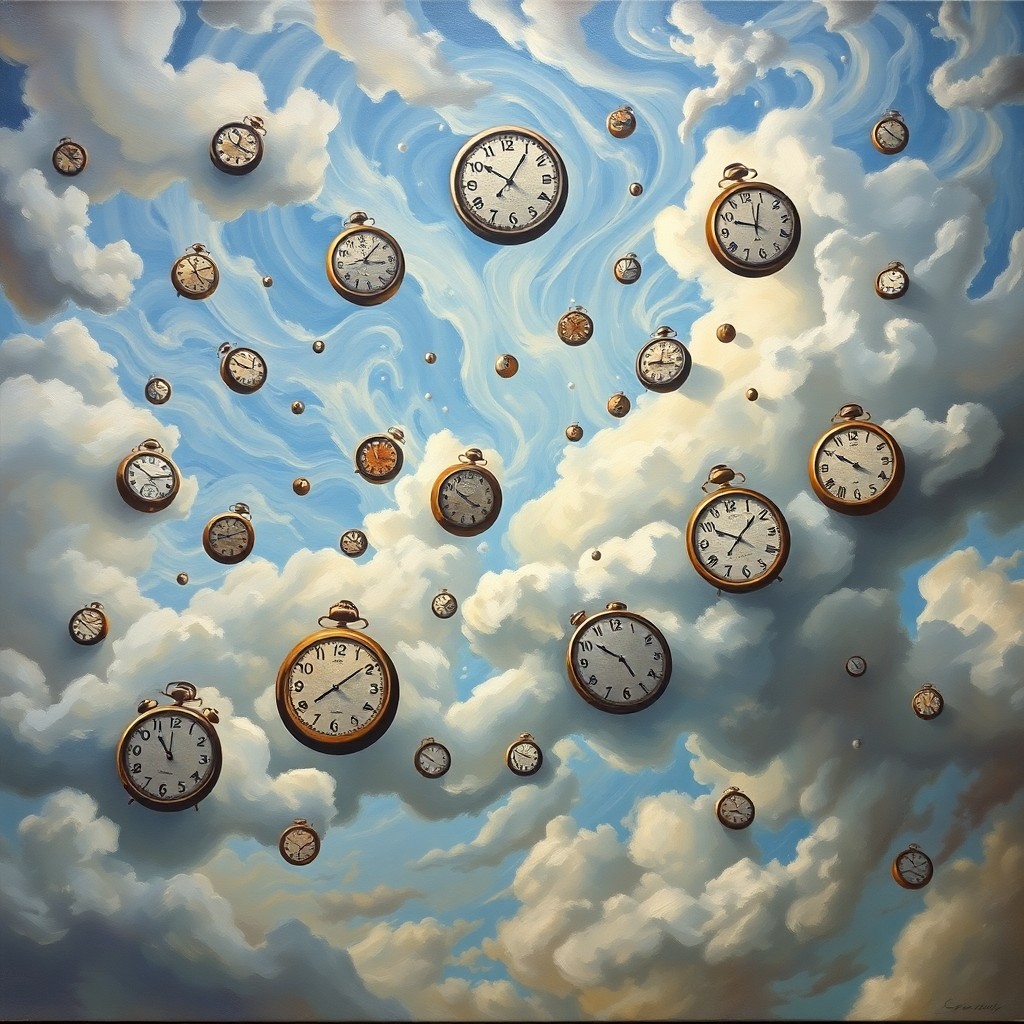 AI generated art for prompt: An oil painting depicting a surreal sky filled with floating timepieces in diverse sizes and shapes,