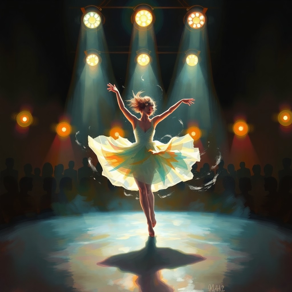 AI generated art for prompt: A surreal and impressionistic portrait showcases a dancer in mid-twirl on a stage, bathed in flicker