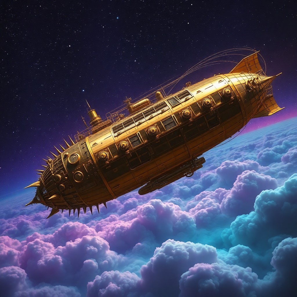 AI generated art for prompt: Imagine a fantastical airship gliding through a starlit night sky, its intricate brass machinery gli