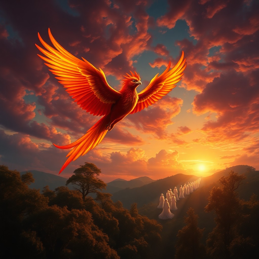 AI generated art for prompt: A regal firebird, adorned in brilliant hues of amber, crimson, and gold, majestically glides over an