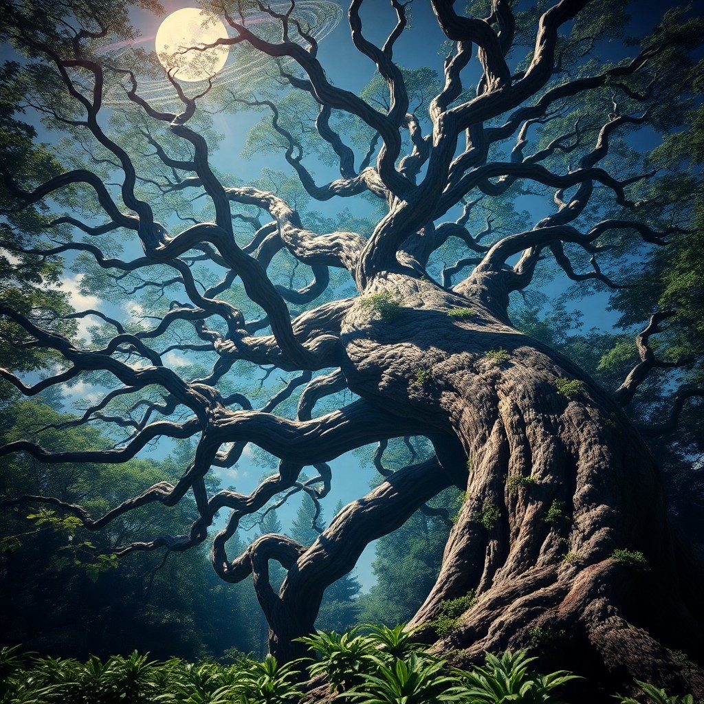 AI generated art for prompt: A surreal fantasy landscape showcases an awe-inspiring tree with twisting branches stretching toward