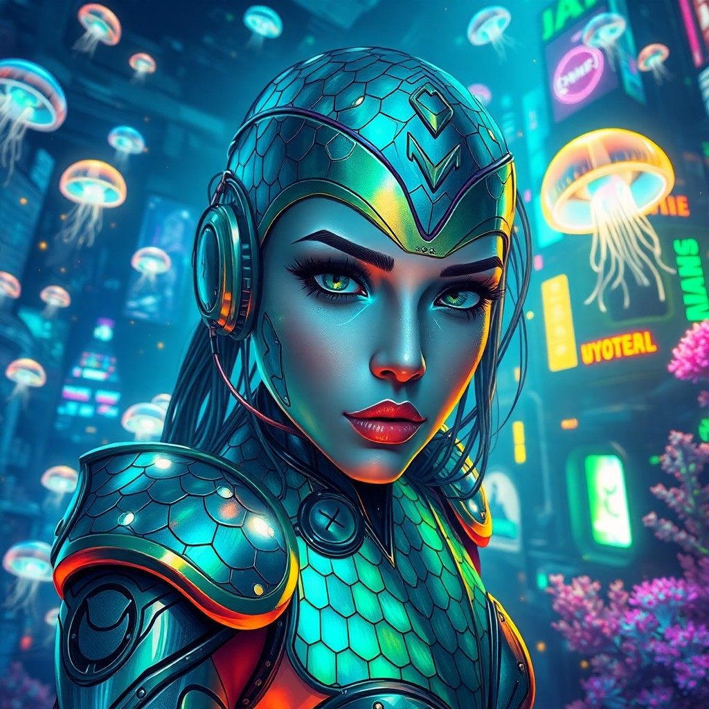 AI generated art for prompt: An enchanting digital art portrait depicts a cyborg mermaid with scales that shimmer in mesmerizing 