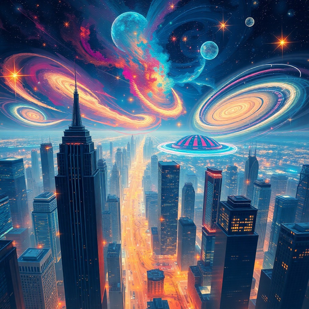 AI generated art for prompt: A vivid digital art composition portrays an enchanting blend of urban metropolis and celestial cosmo