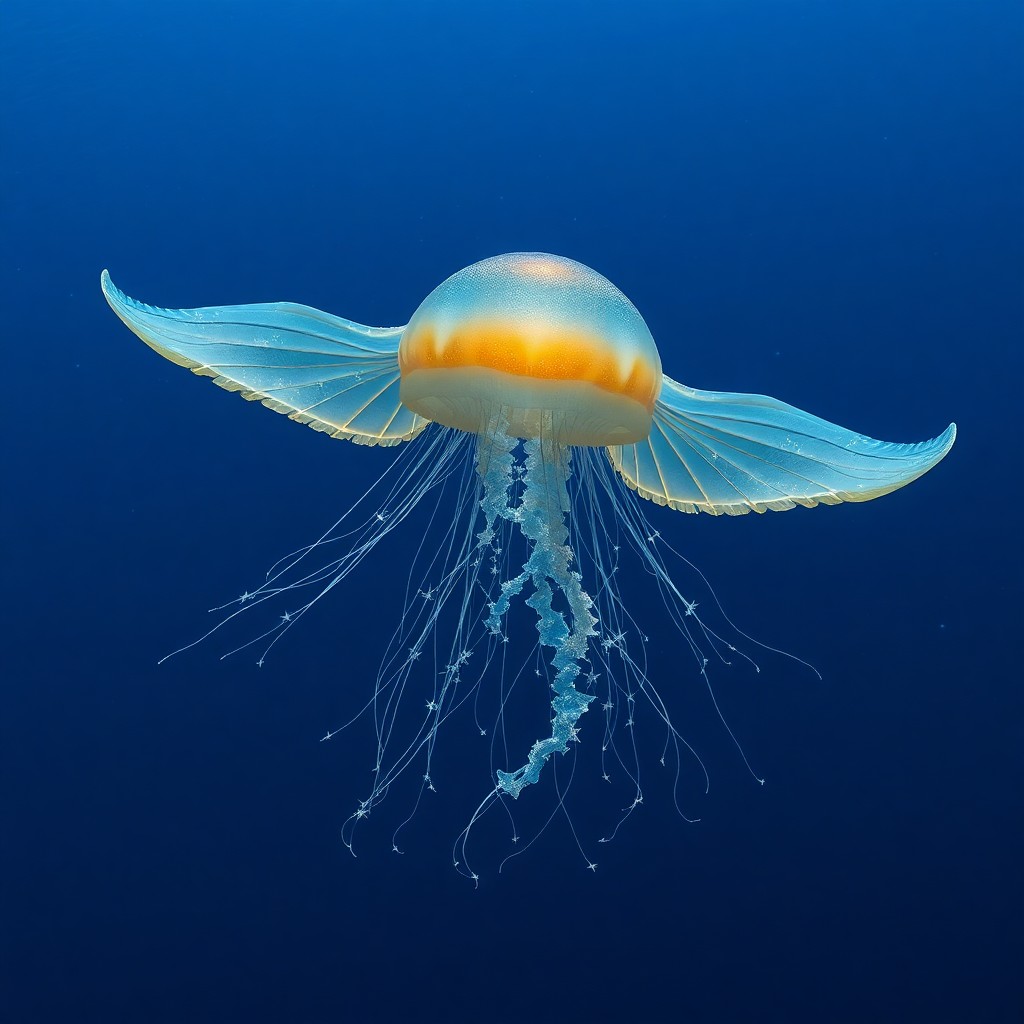 AI generated art for prompt: A surreal seascape depicting an ethereal jellyfish with iridescent wings soaring above a vast ocean.