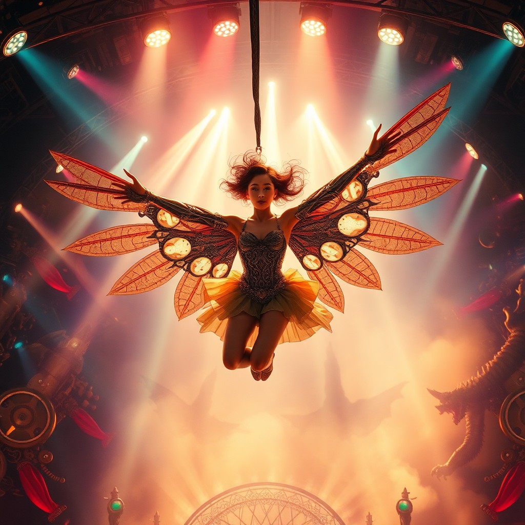 AI generated art for prompt: An enchanting steampunk-inspired digital artwork depicting an awe-inspiring circus performer in a ca