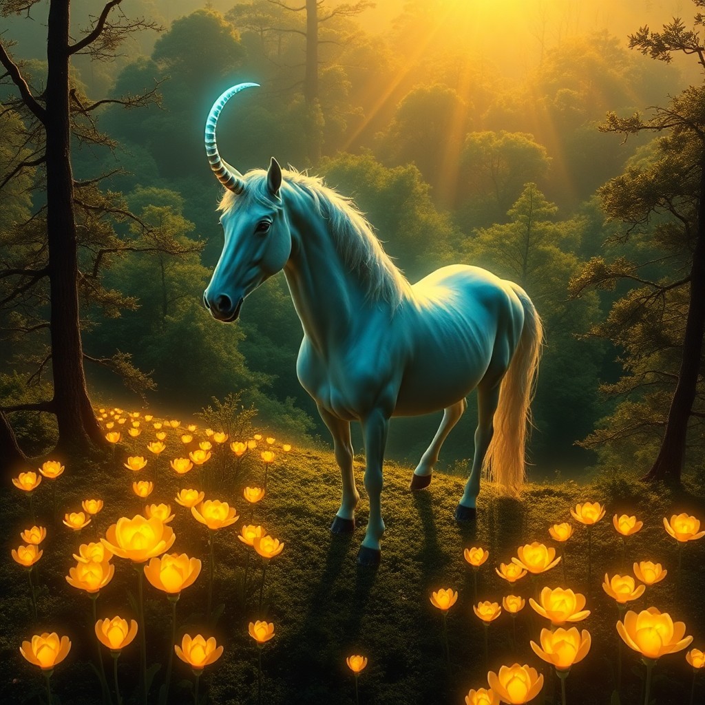 AI generated art for prompt: Imagine an enchanting landscape where a regal equine creature with an otherworldly horn stands at th