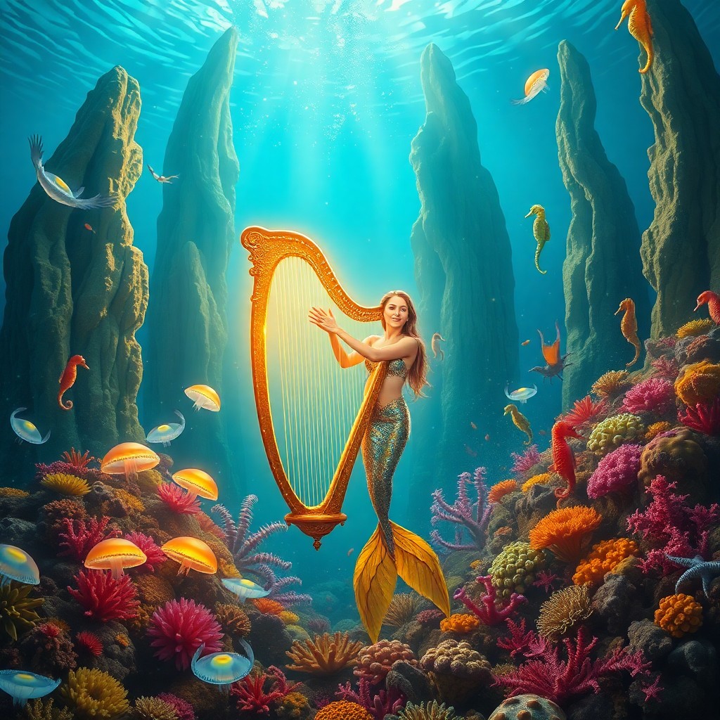 AI generated art for prompt: A dreamlike underwater scene depicting an enchanting mermaid gracefully playing a shimmering golden 