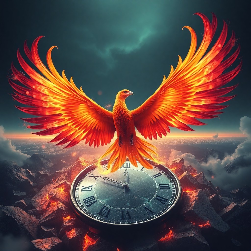 AI generated art for prompt: A surreal digital composition featuring a grand phoenix rising from an shattered timepiece in a styl