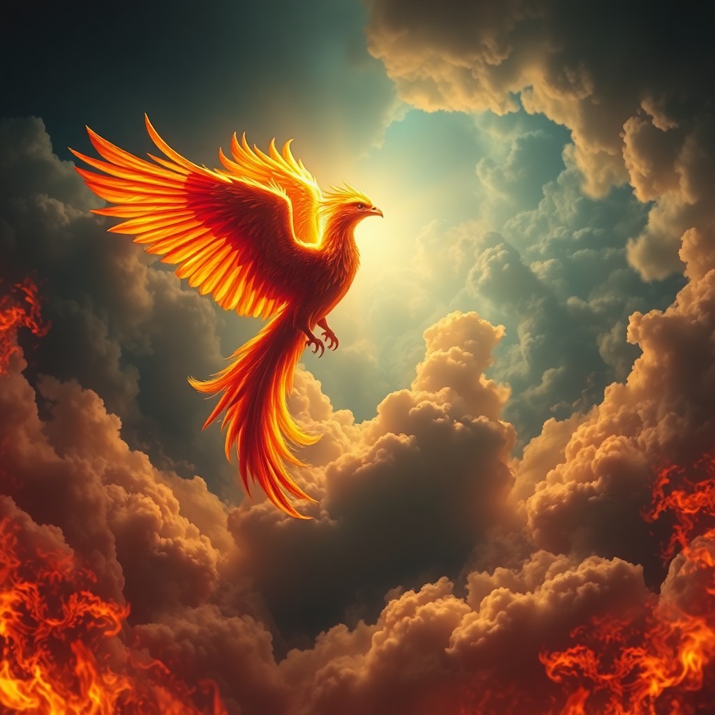 AI generated art for prompt: Imagine an awe-inspiring phoenix emerging from the flames in a grandiose style, reminiscent of Baroq