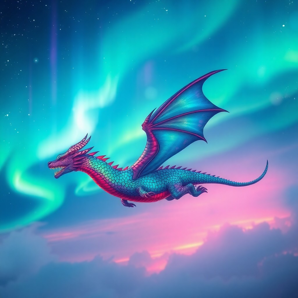 AI generated art for prompt: Imagine an enchanting pixel-art scene where a majestic dragon gracefully drifts through a captivatin