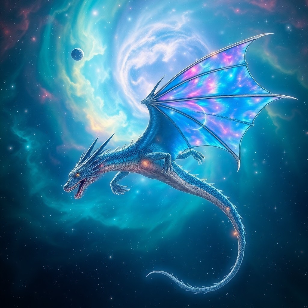 AI generated art for prompt: A mesmerizing digital artwork showcases an awe-inspiring dragon gliding through a celestial nebula, 