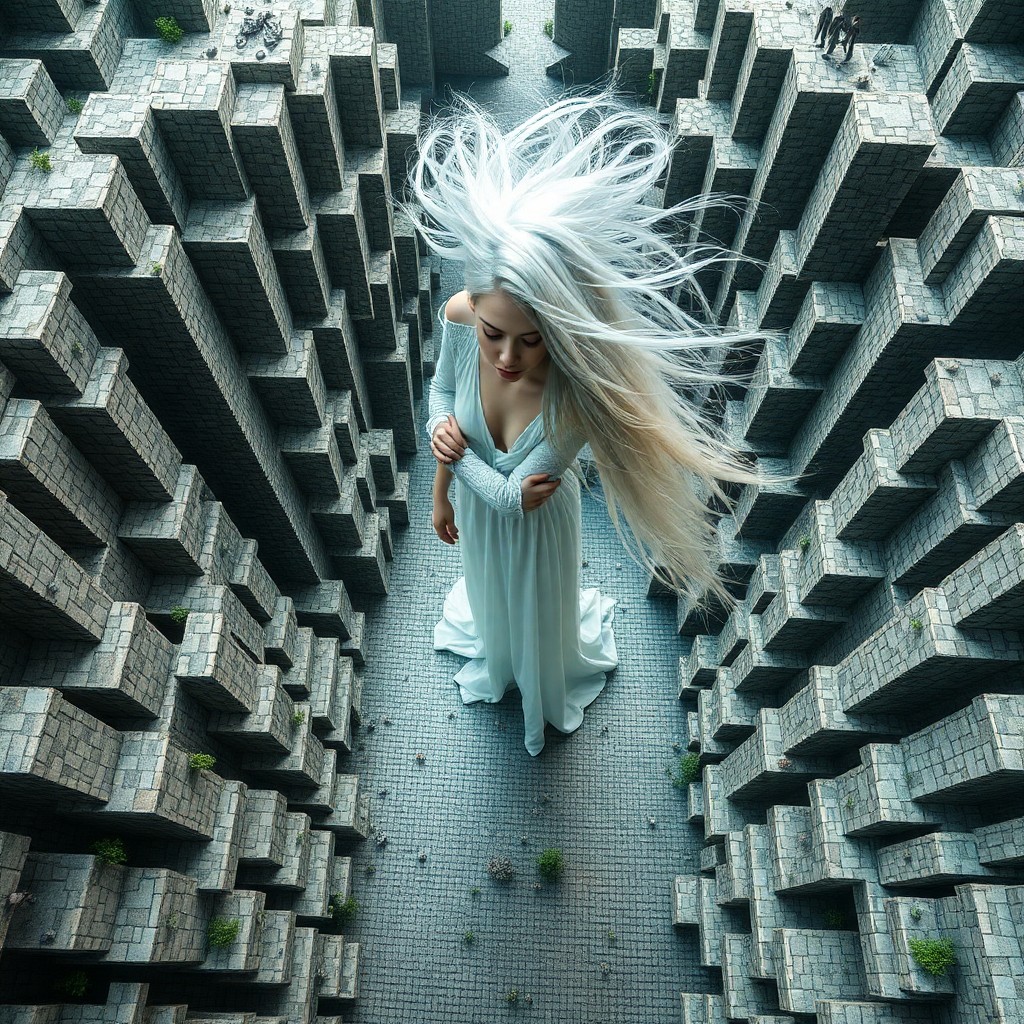 AI generated art for prompt: A surreal digital artwork depicts a mysterious woman with flowing white hair standing amidst an intr