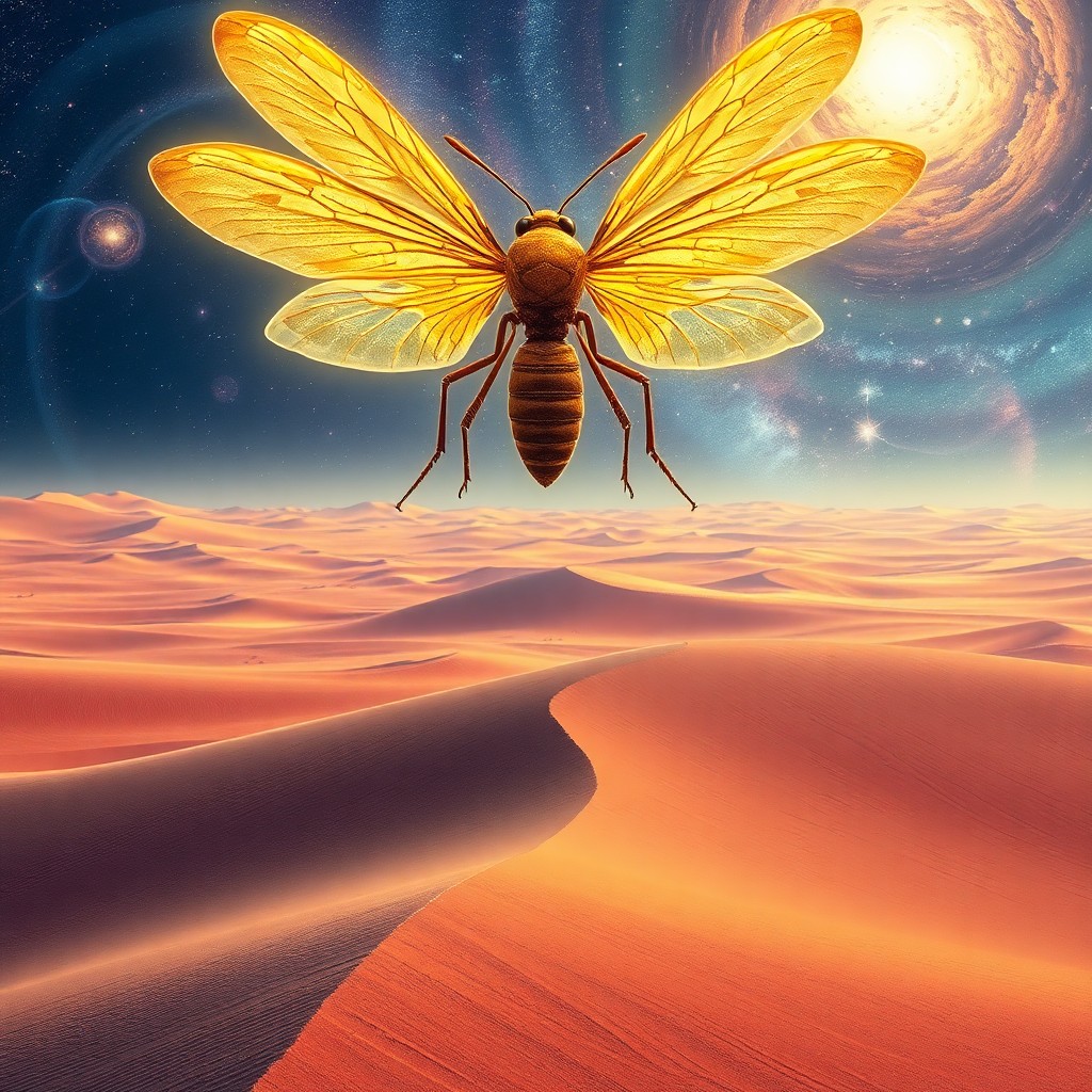 AI generated art for prompt: Imagine a surrealistic dreamscape where gravity seems to bend: A colossal golden insect with translu