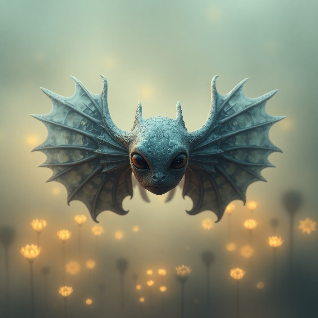 AI generated art for prompt: Imagine an aerial view of a surreal creature with ethereal wings hovering above a misty landscape fi