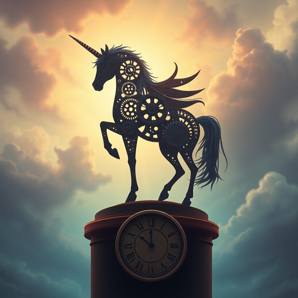 AI generated art for prompt: A whimsical digital artwork portraying an enigmatic scene where a regal unicorn stands atop a circul