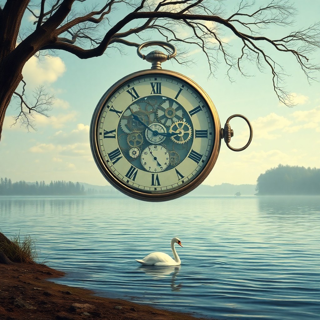 AI generated art for prompt: A dreamlike digital artwork showcasing an enormous, floating pocket watch in motion above a serene l