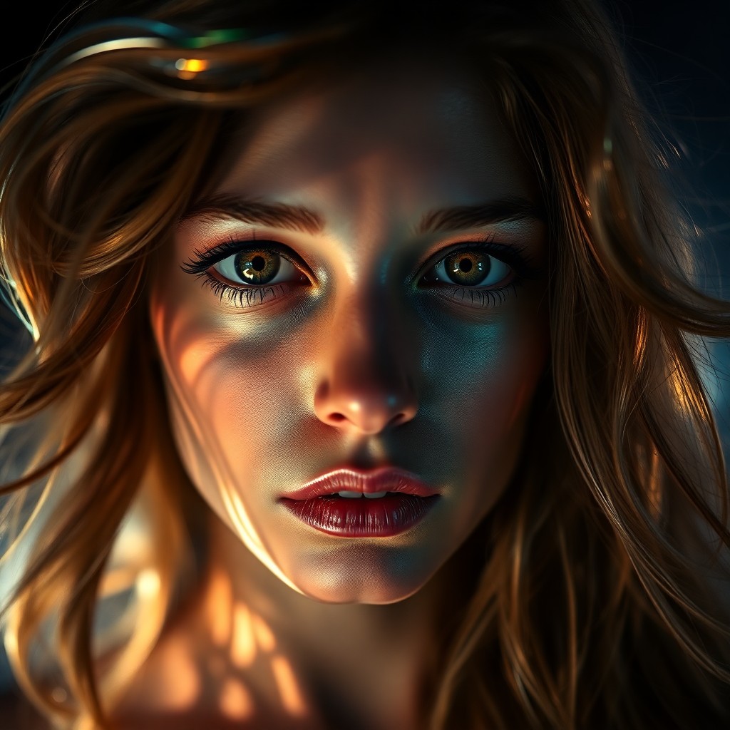 AI generated art for prompt: A close-up portrait captures an enigmatic woman with iridescent skin and piercing golden eyes, remin