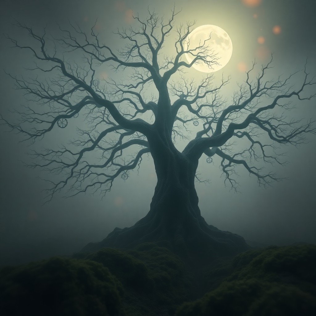 AI generated art for prompt: In this surreal scene, an enchanting misty forest is illuminated by soft moonlight from an unusual, 