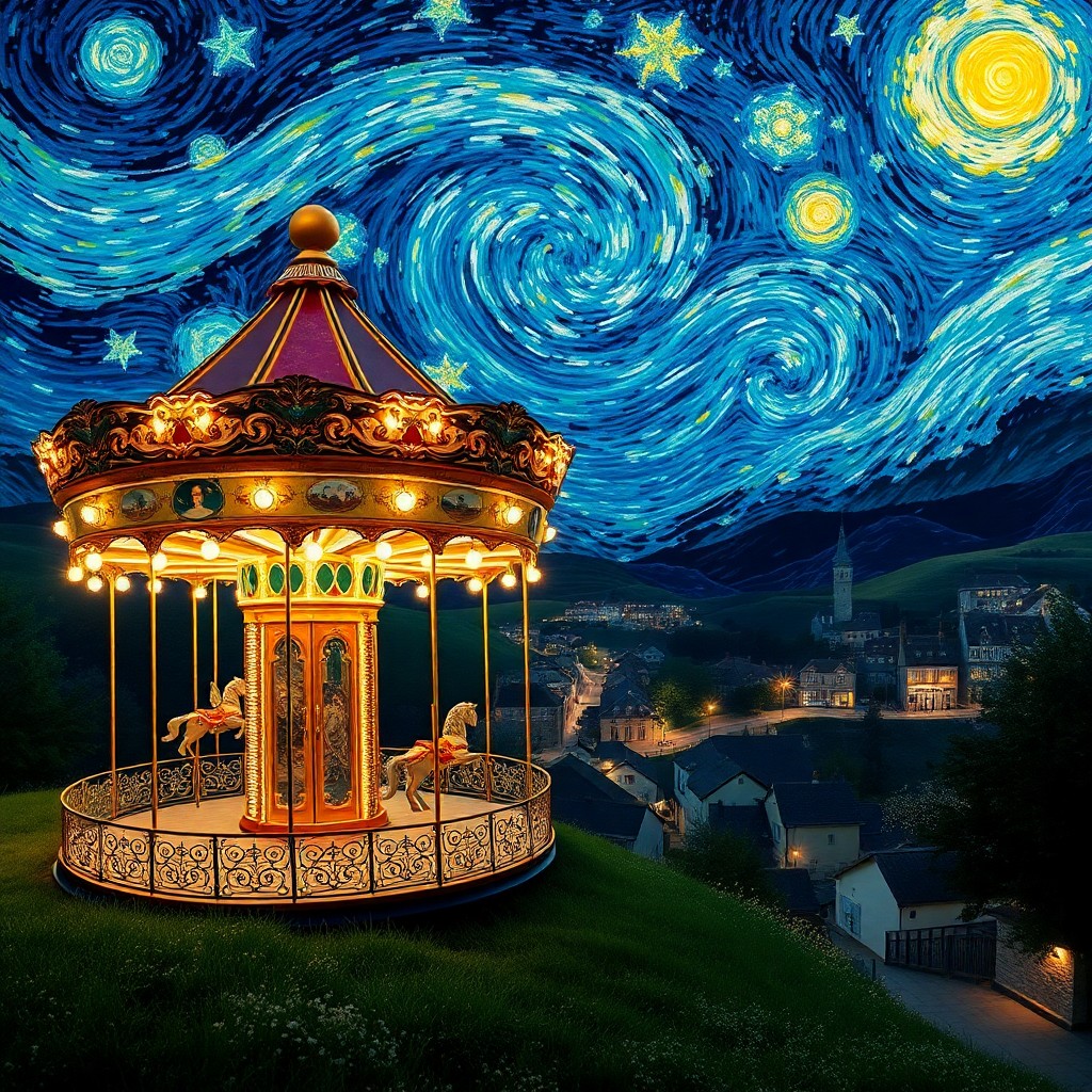 AI generated art for prompt: Imagine an enchanting scene reminiscent of Vincent van Gogh's "The Starry Night," with a whimsical t