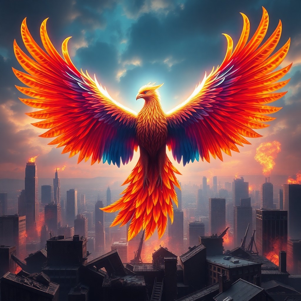 AI generated art for prompt: A majestic phoenix emerges from the remnants of a battle-scarred metropolis in the digital art style