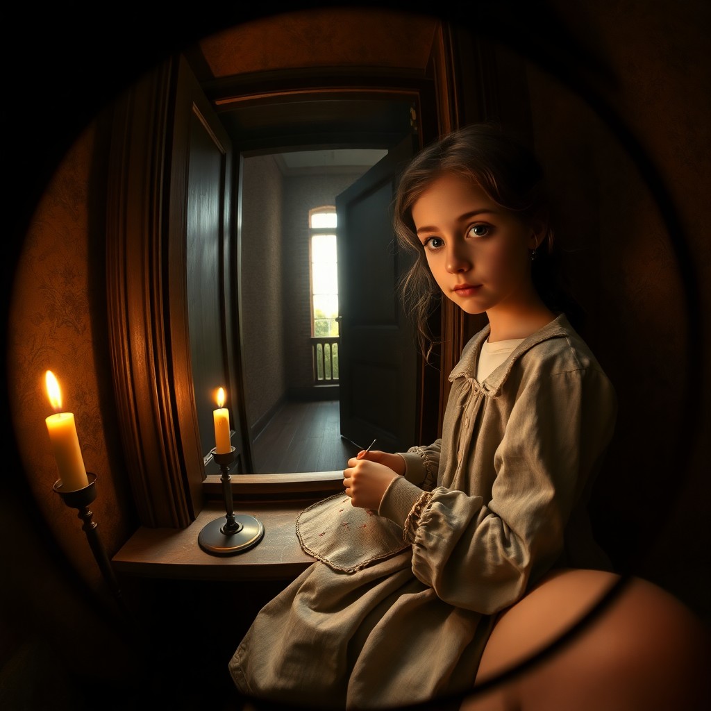 AI generated art for prompt: A detailed image in the style of Dutch Golden Age painting captures an intimate moment: a young girl