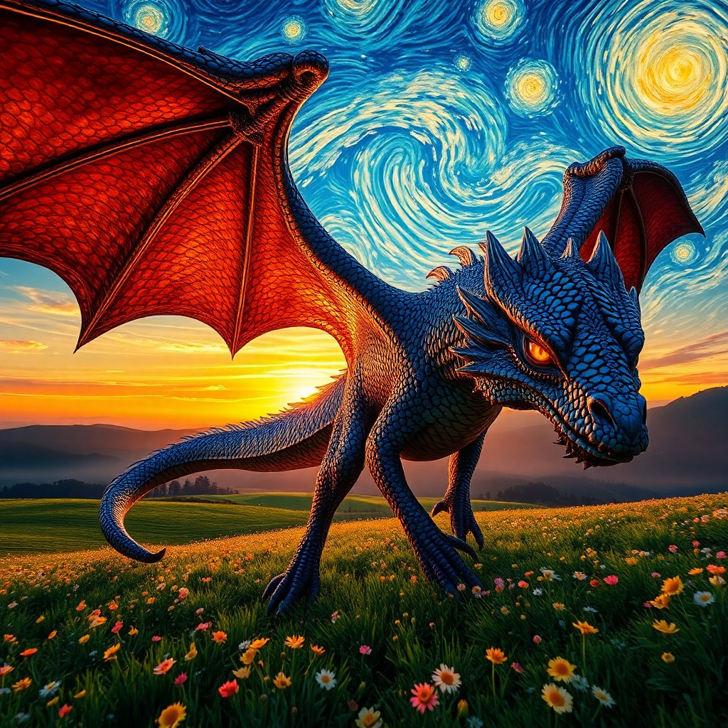 AI generated art for prompt: A majestic dragon with shimmering scales, resembling the swirling brushstrokes of Van Gogh's famed "