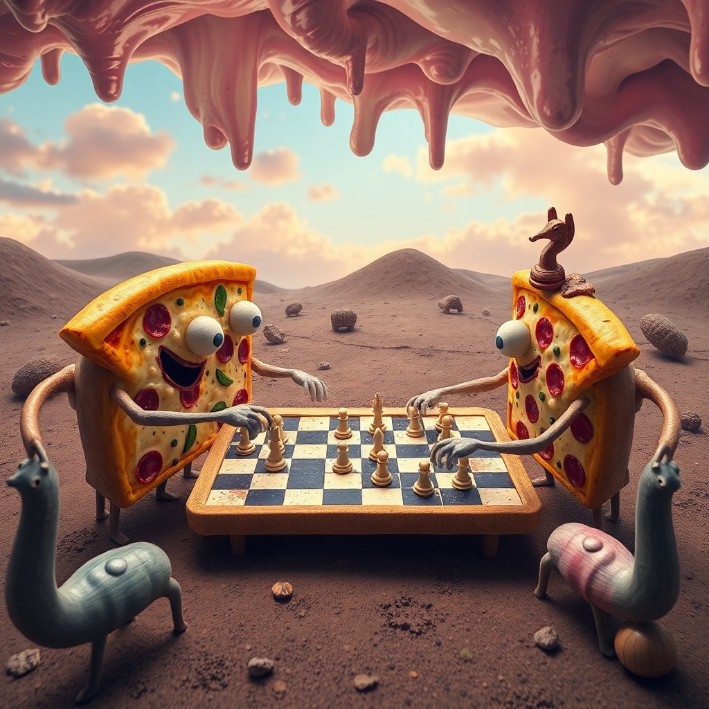 AI generated art for prompt: An imaginative surreal scene depicts a whimsical gathering where anthropomorphic pizza slices engage