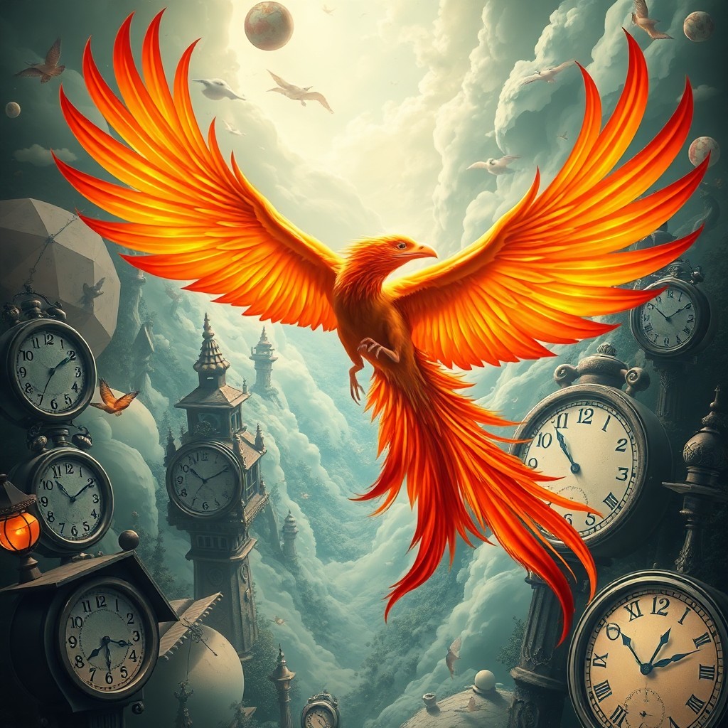 AI generated art for prompt: A mesmerizing digital artwork portraying an awe-inspiring phoenix in flight amidst a surreal backdro