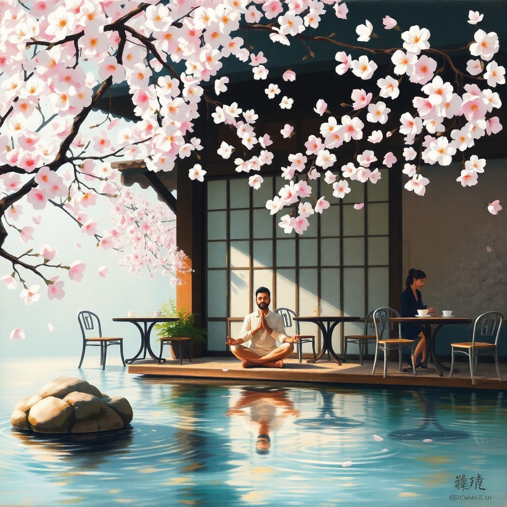 AI generated art for prompt: A whimsical oil painting fuses a serene Japanese Zen garden with a lively French impressionist café,