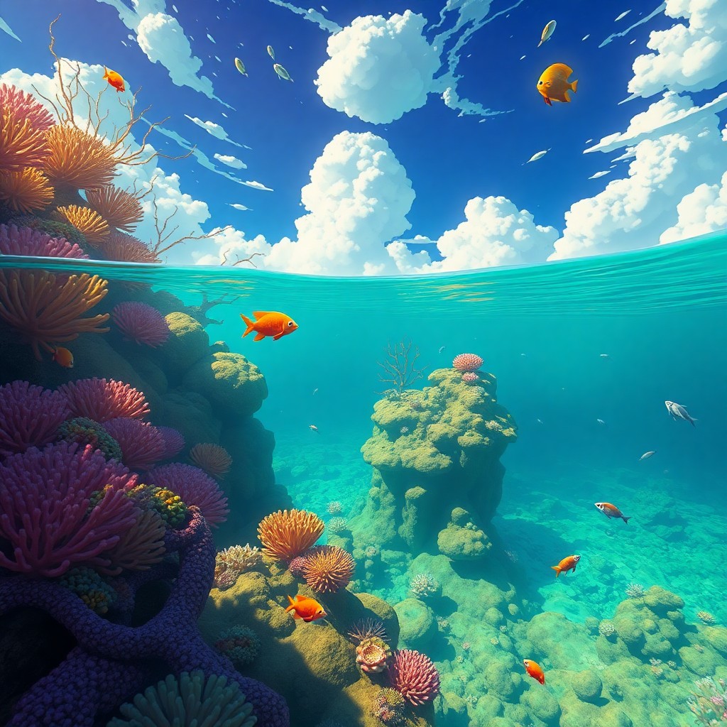 AI generated art for prompt: Imagine an enchanting underwater vista in a surrealistic style inspired by both Studio Ghibli and Sa