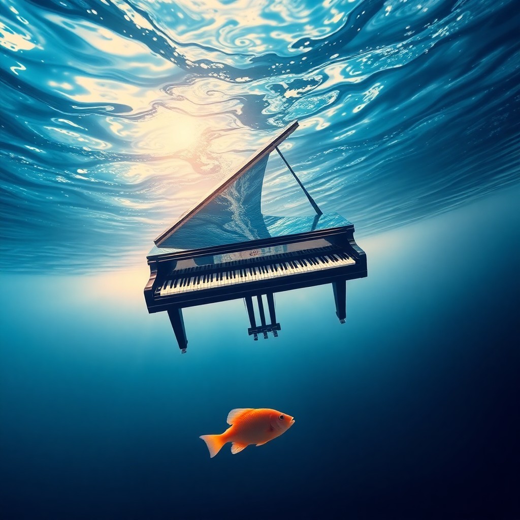 AI generated art for prompt: Imagine an enchanting seascape where a grand piano gracefully drifts atop a boundless ocean, its key