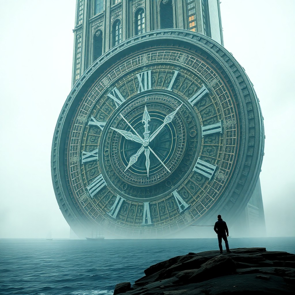 AI generated art for prompt: A surreal digital artwork depicting an enormous skyscraper resembling a colossal clock face, adorned