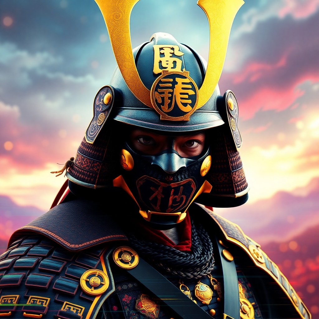 AI generated art for prompt: A digital art portrait captures a Japanese samurai warrior, his armor intricately designed with gold