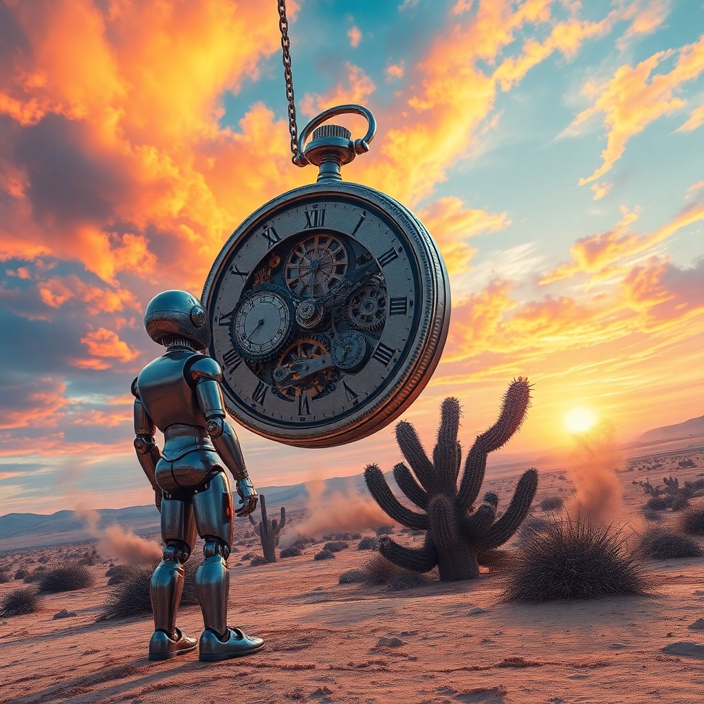 AI generated art for prompt: Craft an intricate, surreal digital composition reminiscent of melting timepieces, with a humanoid a