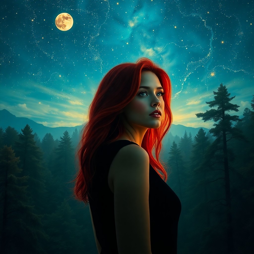 AI generated art for prompt: A tranquil portrait depicting a woman with vibrant red hair stands in an ancient forest illuminated 