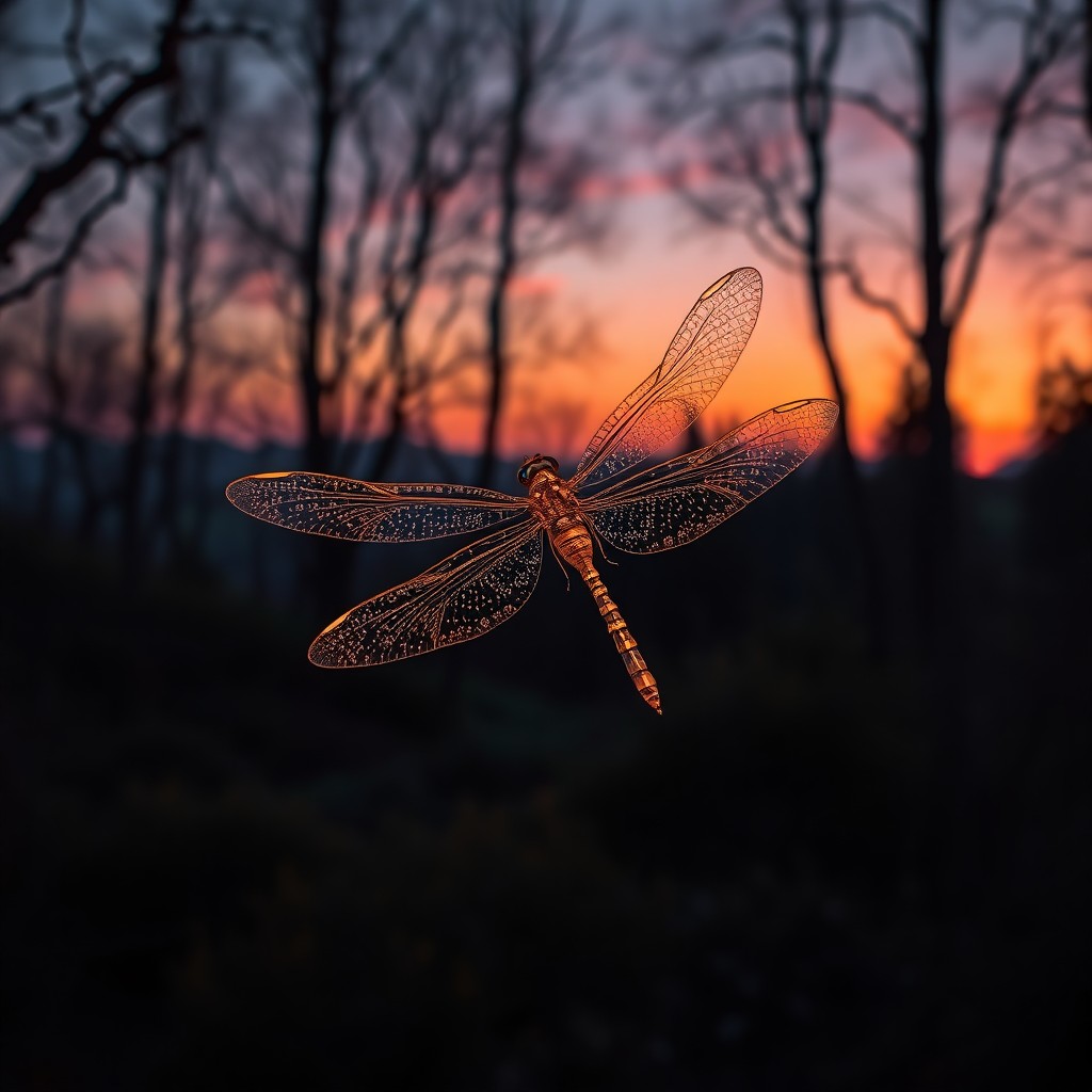 AI generated art for prompt: An exquisite dragonfly composed of shimmering gold threads elegantly glides through an enchanting tw