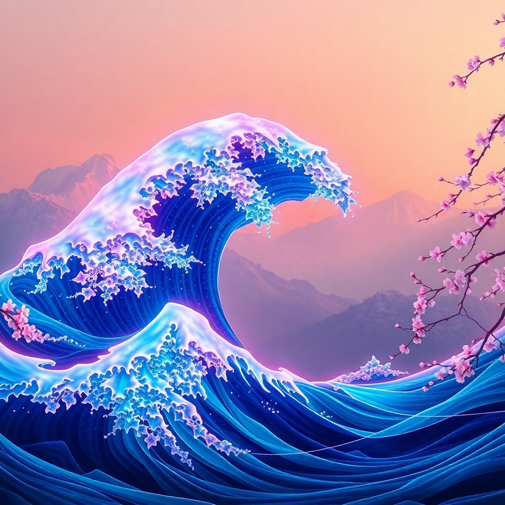 AI generated art for prompt: Craft an image inspired by Hokusai's renowned "The Great Wave off Kanagawa," yet infuse it with a su