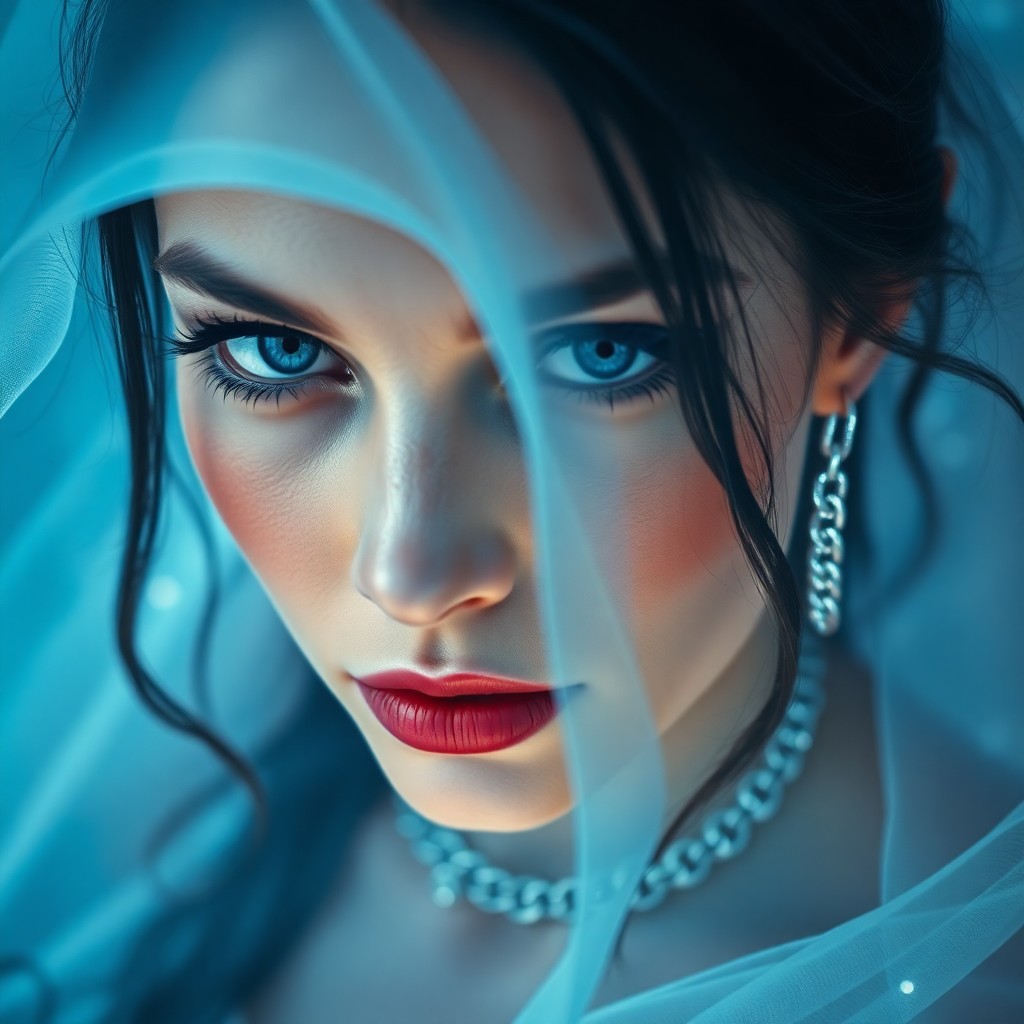 AI generated art for prompt: An enigmatic digital art portrait captures a mysterious woman bathed in a translucent blue aura, dra