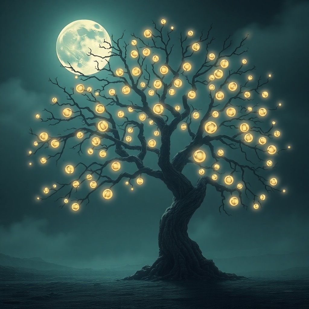 AI generated art for prompt: A dreamlike digital artwork portrays an isolated, time-worn tree thriving in a desolate, moonlit env