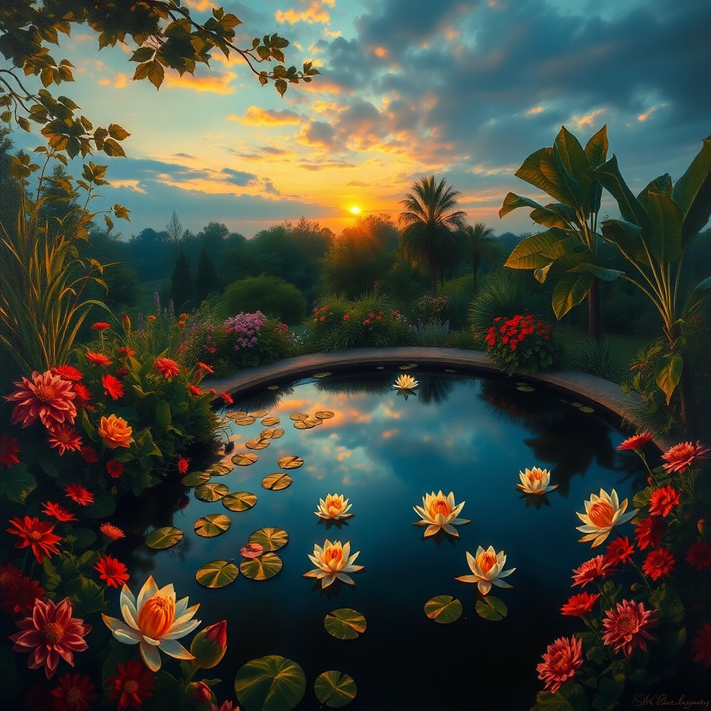 AI generated art for prompt: A mesmerizing oil painting showcases a tranquil garden during twilight, captured from an extraordina