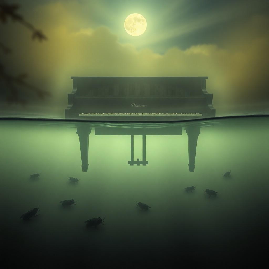 AI generated art for prompt: Picture a dreamy landscape where an elegant piano hovers enigmatically above a misty marsh, its keys