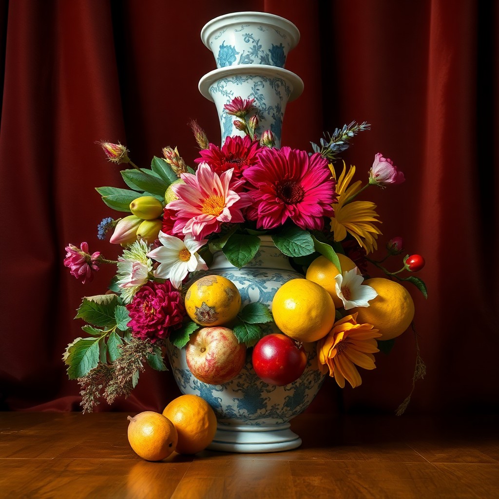 AI generated art for prompt: Craft an image reminiscent of Renaissance still life paintings, showcasing a captivating assortment 