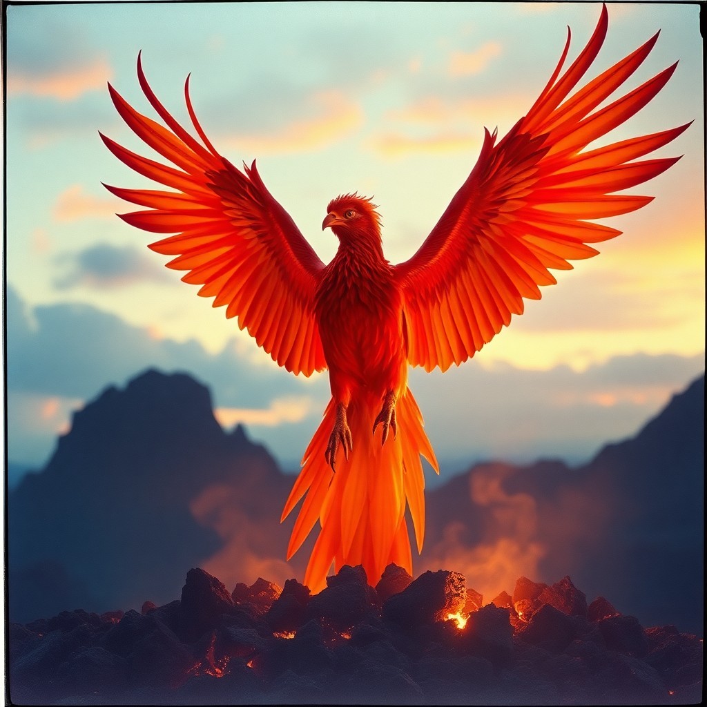 AI generated art for prompt: A majestic phoenix with vibrant plumage in hues reminiscent of a sunset sky emerges from ashes in a 