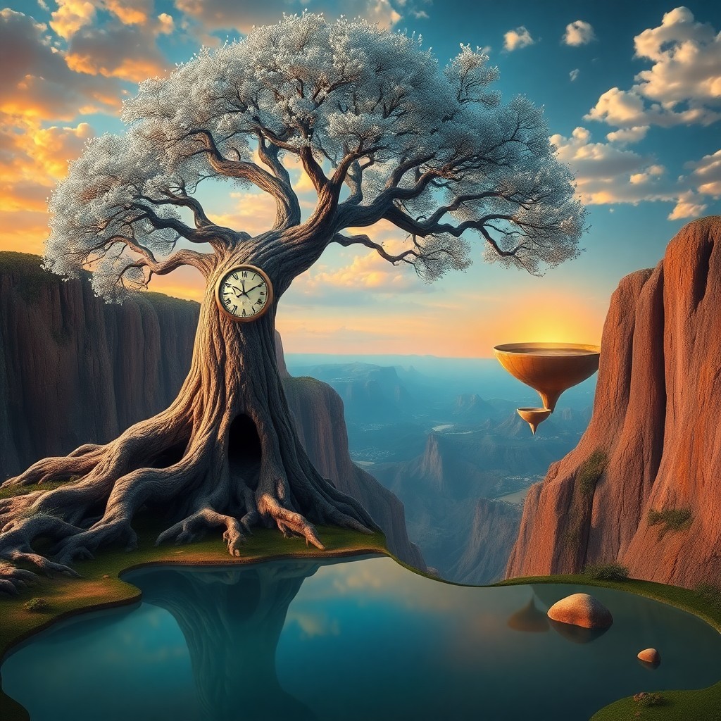 AI generated art for prompt: Imagine an enchanting landscape in the whimsical, surreal style reminiscent of Salvador Dali's work.