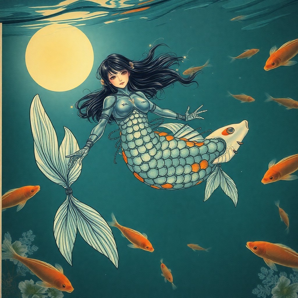 AI generated art for prompt: A mesmerizing cyborg mermaid swims gracefully through a tranquil koi pond, her metallic scales glint