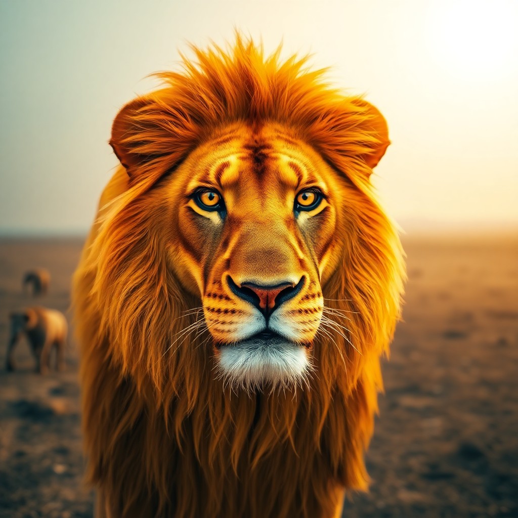 AI generated art for prompt: A photorealistic portrait of an awe-inspiring lion with striking golden eyes is captured from an ele