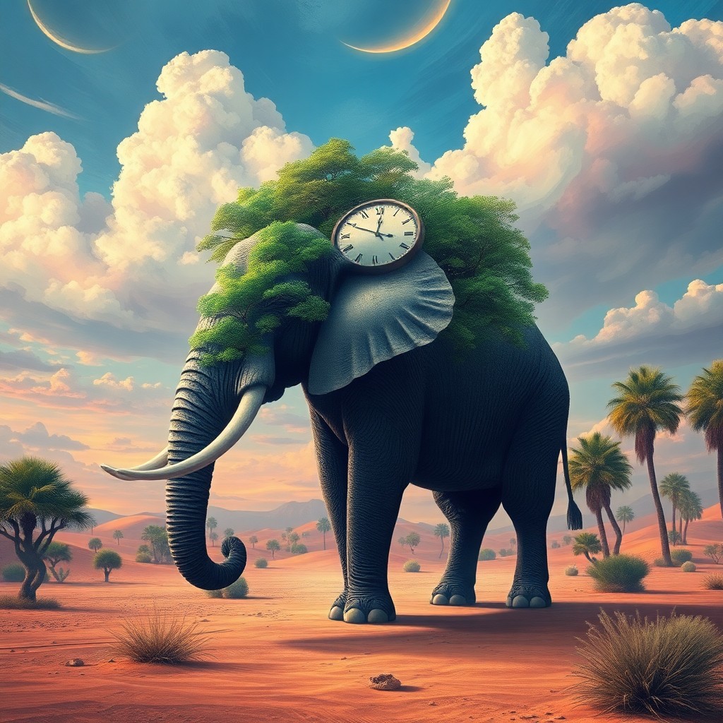 AI generated art for prompt: Envision an otherworldly, fantasy landscape where a colossal elephant gracefully stands amidst a des